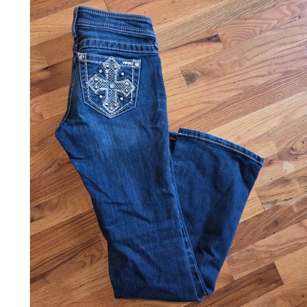 Ariat Ruby Mid Rise Bootcut Jeans Dark Wash Cross Embroidered Studded 26R